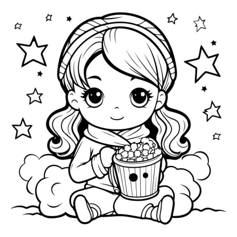 Black and White Cartoon Illustration of Little Girl with Popcorn