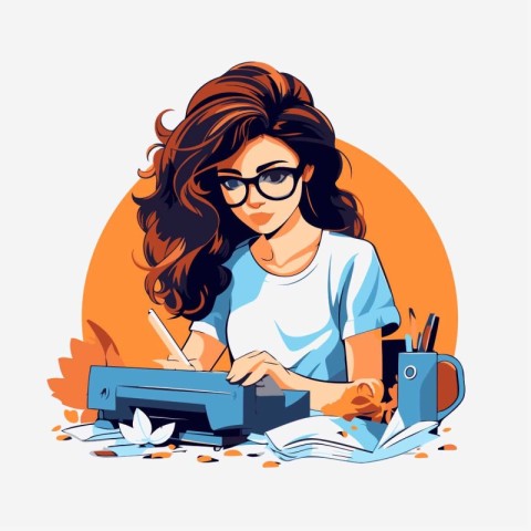 Vector illustration of a young beautiful woman in glasses workin