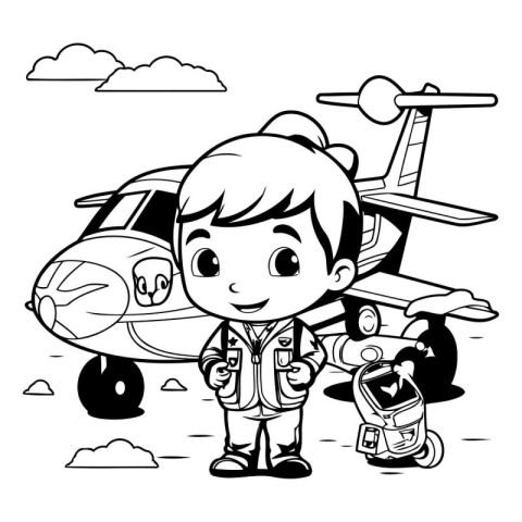 Boy pilot with airplane - Black and White Cartoon Illustration.