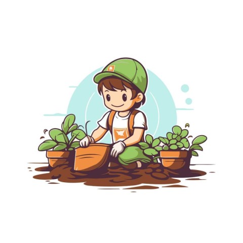 Cute little boy planting seedlings in the garden. Vector illustr