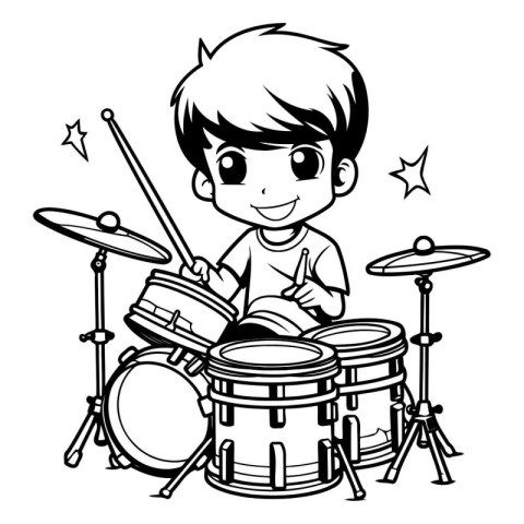 Cute boy playing drums. Black and white vector illustration for