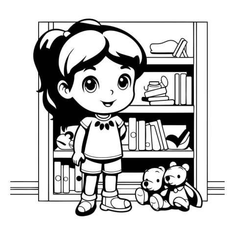 cute little girl with teddy bear and bookshelf vector illustrati