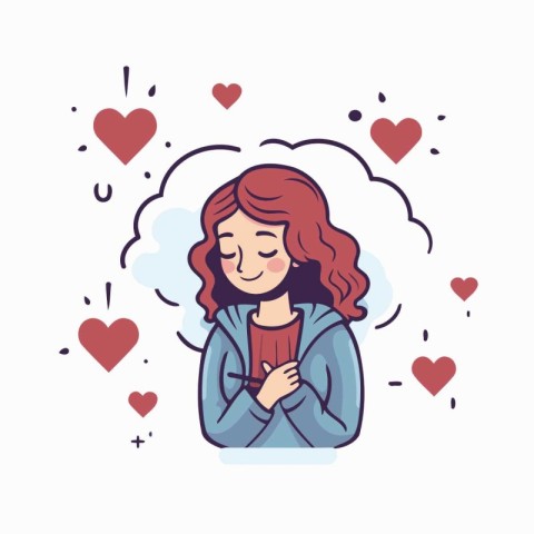 Vector illustration of a girl in love with a cloud of hearts aro