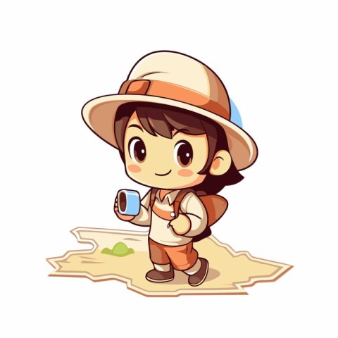 Cute little explorer girl with map and mobile phone cartoon vect