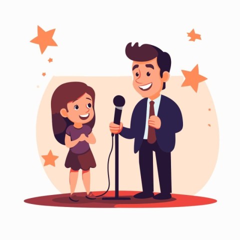 Cartoon man and girl singing karaoke. Vector illustration.