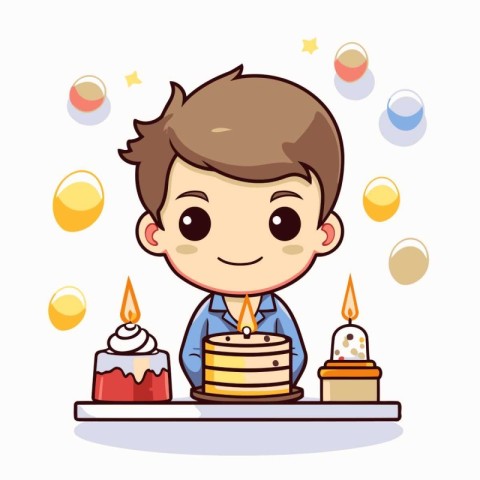 Cute boy celebrating birthday with cake and candles. Vector illu