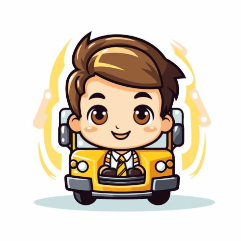 Cute School Boy Driving School Bus Vector Cartoon Character Illu