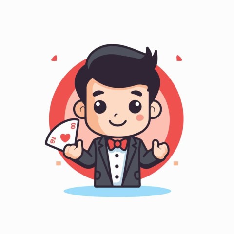 Cute businessman holding playing cards. Vector illustration in c