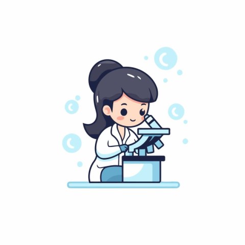 Cute little girl in lab coat with microscope. Vector illustratio