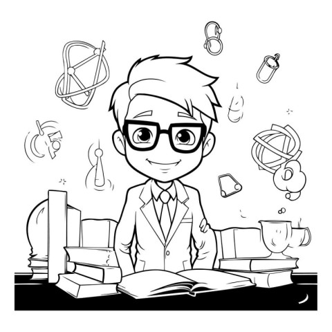 Black and white illustration of a man reading a book at home.