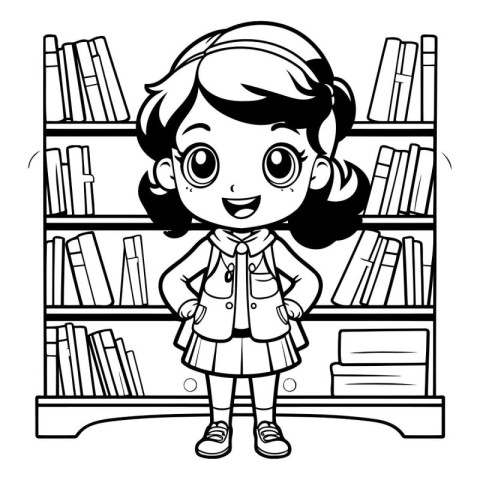 Black and White Cartoon Illustration of Cute Little Girl Student