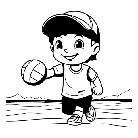 Boy playing volleyball on the beach. black and white vector illu