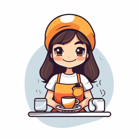 Cute little girl in apron and helmet with cup of coffee. Vector