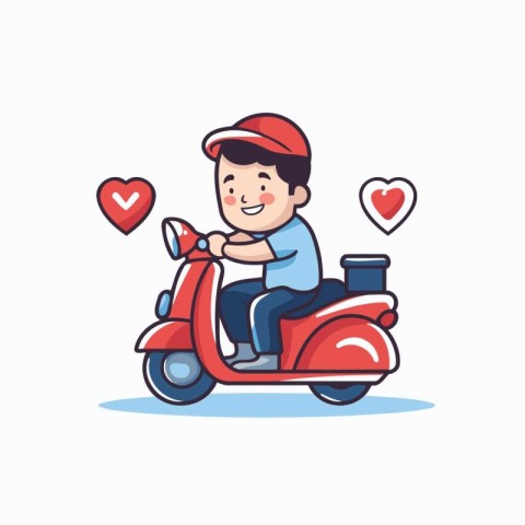 Cute boy riding a scooter with hearts. Vector illustration.