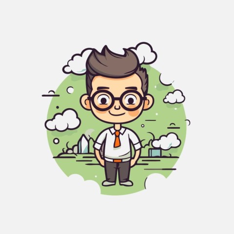 Businessman standing in front of city. Vector cartoon character