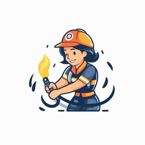 Firefighter character with torch. Vector illustration. Isolated