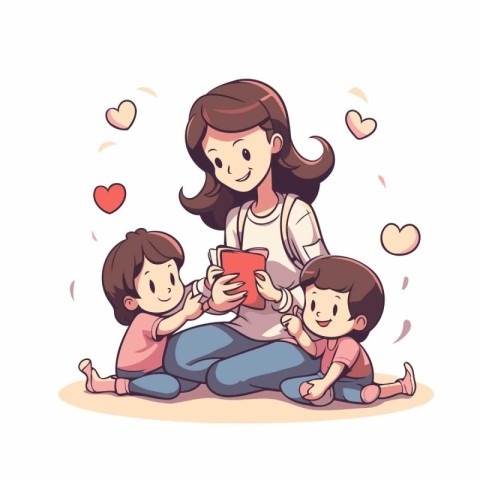 Mother and her children sitting on the floor and reading a book.