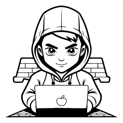 Hacker with Laptop - Black and White Cartoon Illustration. Vecto