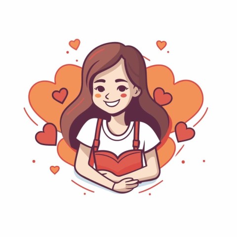 Vector illustration of a girl reading a book with hearts around