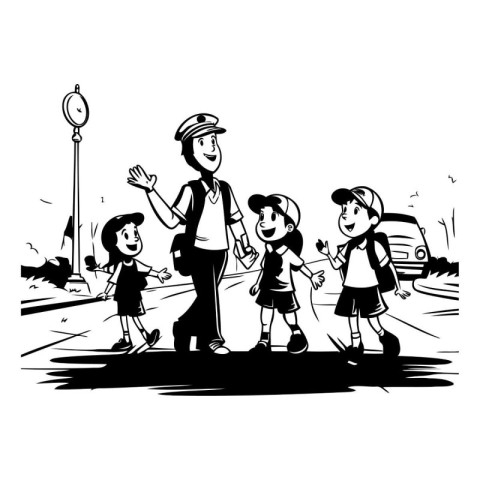 Black and white vector illustration of a family walking along th