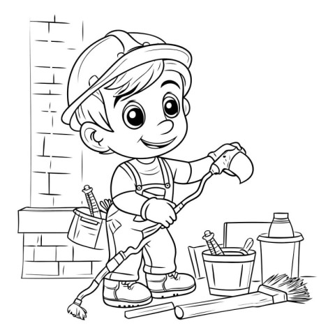 Coloring page of little boy with tools. Vector illustration for