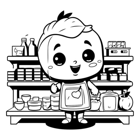 Black and White Cartoon Illustration of Little Boy in a Grocery