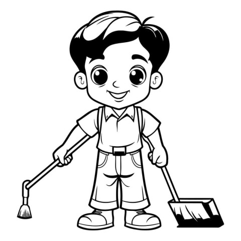 Cute Boy Cleaning the Floor - Black and White Cartoon Illustrati