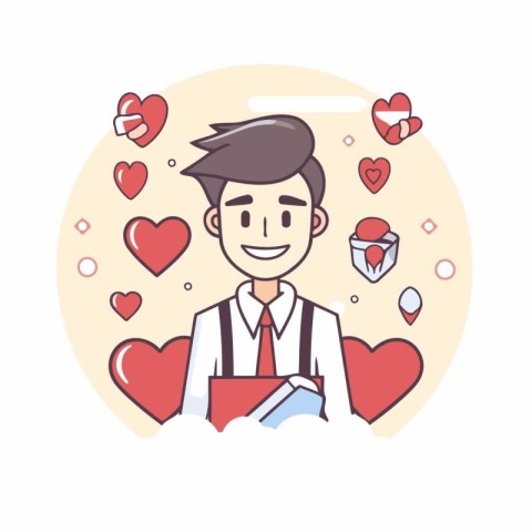 Valentine's day card with man and hearts vector illustration.