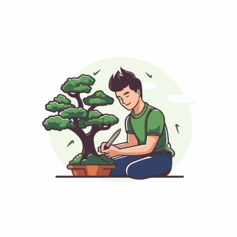 Man working with bonsai tree. Vector illustration in flat style