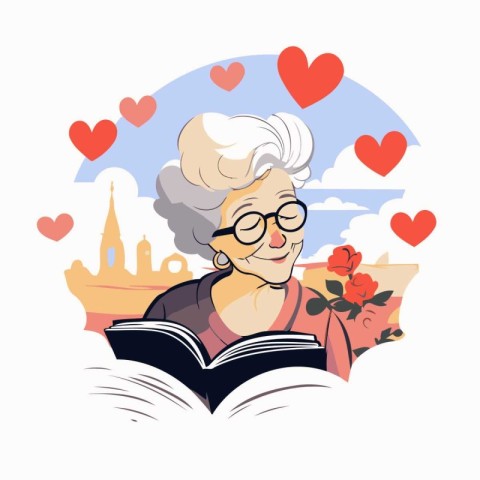 Elderly woman reading a book in Paris. Vector illustration.