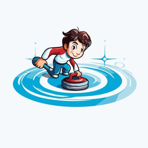 Boy riding a red car on the water. Vector cartoon illustration.