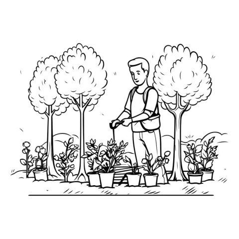 Gardening. Young man working in the garden. Vector illustration.