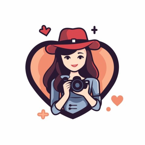 Vector illustration of a woman in a hat with a camera in a heart