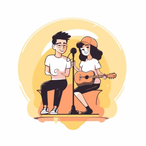 Young man and woman playing guitar. Vector illustration in carto