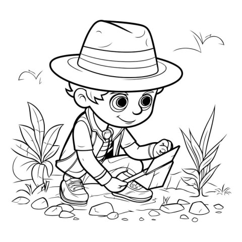 Outline illustration of a boy in a hat sitting on the ground and