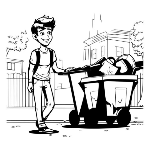 Cartoon illustration of a young man standing next to a trash can