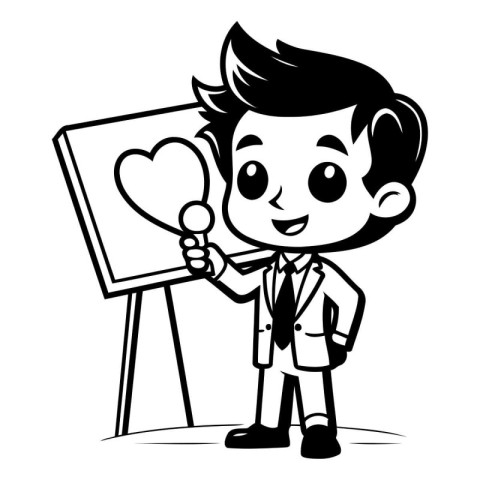 Businessman holding a heart shaped chalkboard. Black and white v