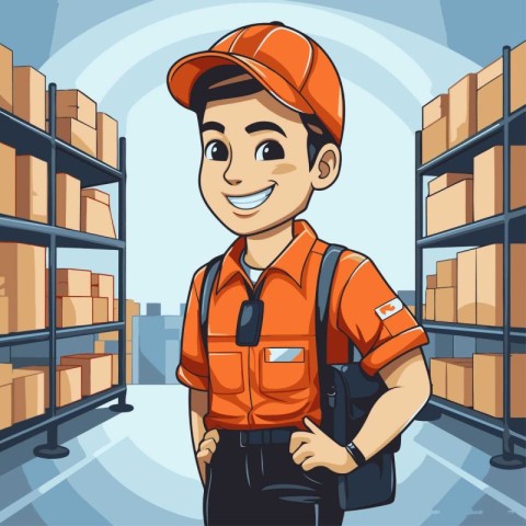 Vector illustration of smiling warehouse worker in orange unifor