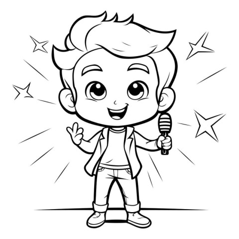 Black and White Cartoon Illustration of Kid Boy Holding Micropho