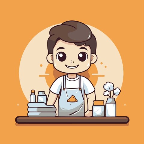 Cute boy in apron with cleaning products. Vector illustration.