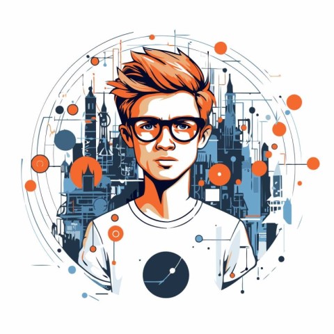 Hipster guy with glasses on the background of the city. Vector i