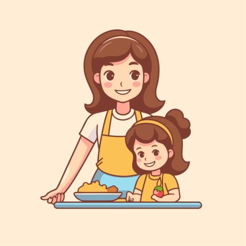 Mother and daughter cooking together. Vector illustration in a f