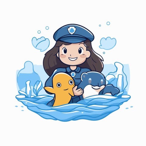 Cute little girl in police cap and penguin. Vector illustration.