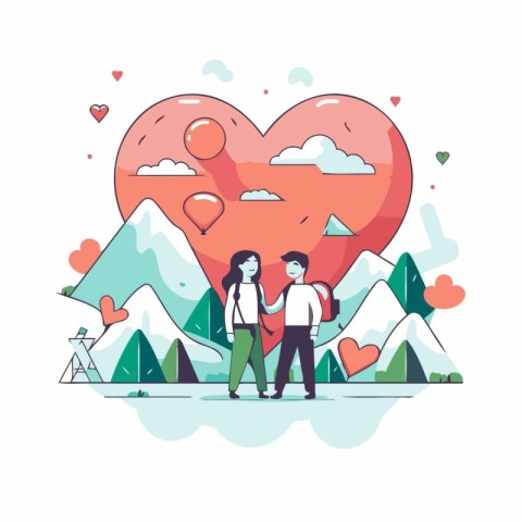 Couple in love with red heart and mountains. Vector flat illustr