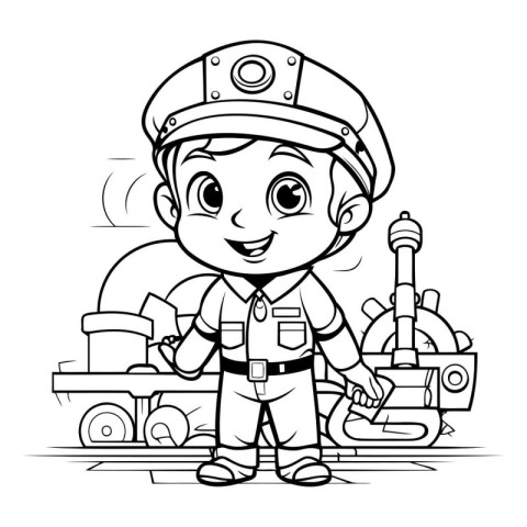 Black and White Cartoon Illustration of Little Boy Captain or Wo