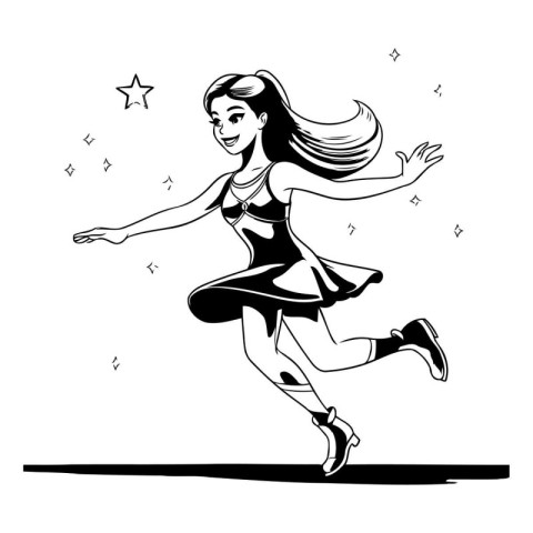 Beautiful young girl dancing ballet. Black and white vector illu