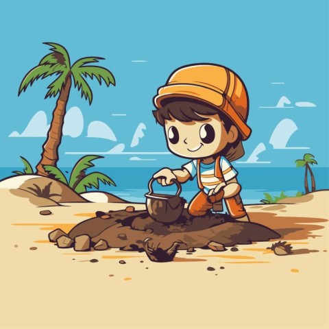 Boy watering coconut on the beach. Vector illustration in cartoo