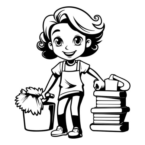 Cleaning Girl with Cleaning Tools - Black and White Cartoon Illu