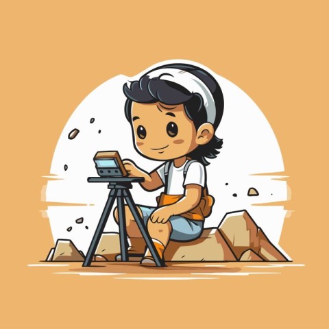 Illustration of a Boy Using a Tripod to Search a Treasure