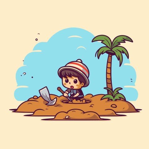 Boy playing treasure hunt on the beach. Vector illustration in c